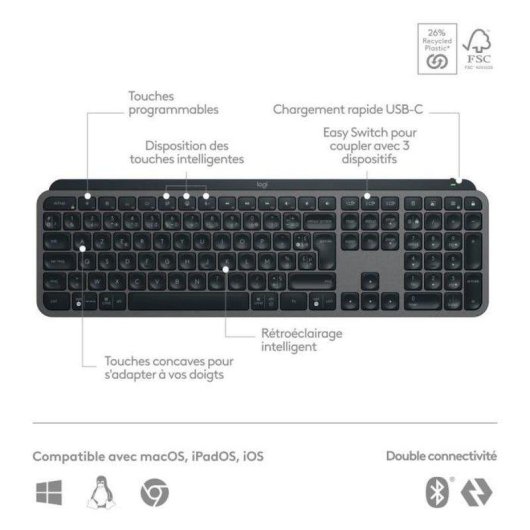 Clavier Logitech MX Keys S AZERTY sans fil rétroéclairage intelligent graphite
