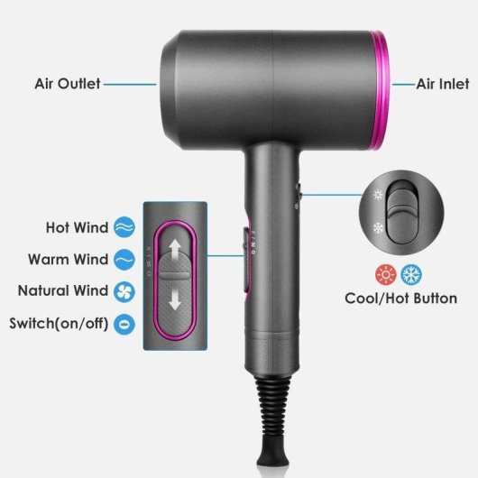 Sèche-cheveux Ionique Professionnel Dam Electronics 2000W 2 Températures 3 Vitesses avec Diffuseur