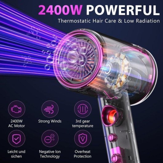Secador de Pelo Iónico Profesional Dam Electronics 2400W 3 Temperaturas 3 Velocidades con Difusor Gris