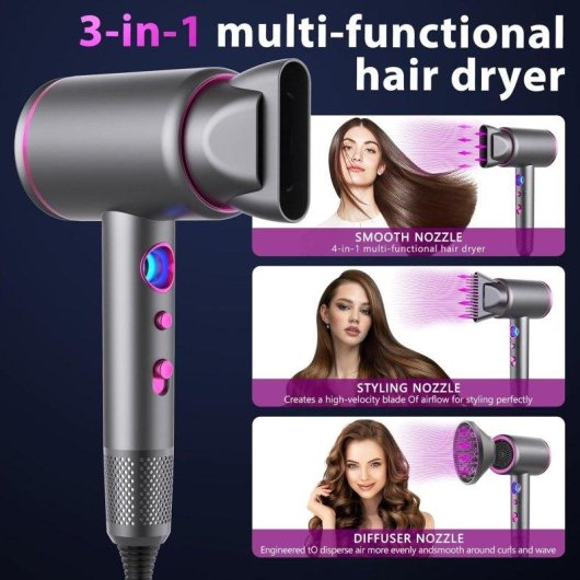 Secador de Pelo Iónico Profesional Dam Electronics 2400W 3 Temperaturas 3 Velocidades con Difusor Gris