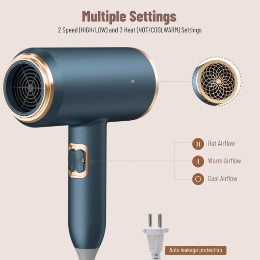 Sèche-cheveux Ionique Professionnel Dam Electronics 2400W 3 Températures 2 Vitesses Bleu