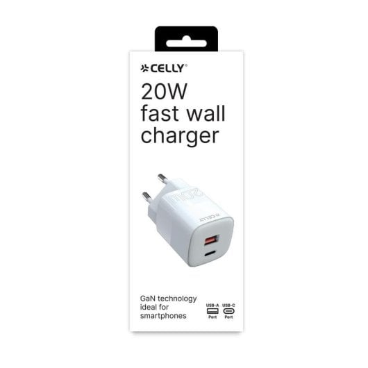Cargador Celly TC2USBUSBC20EVO USB-C 20W GaN Blanco