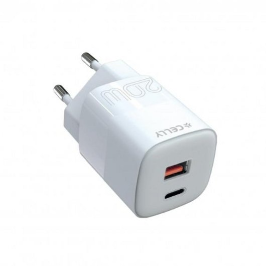 Cargador Celly TC2USBUSBC20EVO USB-C 20W GaN Blanco