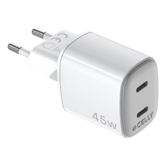 Ladegerät USB-C Celly UPTC2USBC45WWH 45W GaN 2 Ports Weiß