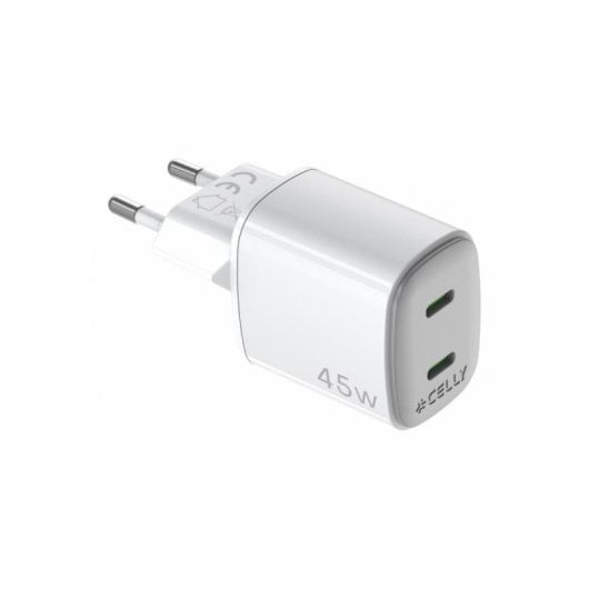 Ladegerät USB-C Celly UPTC2USBC45WWH 45W GaN 2 Ports Weiß