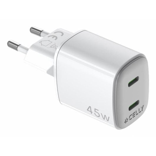 Ladegerät USB-C Celly UPTC2USBC45WWH 45W GaN 2 Ports Weiß