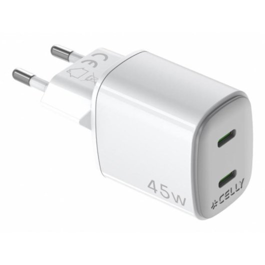 Ladegerät USB-C Celly UPTC2USBC45WWH 45W GaN 2 Ports Weiß