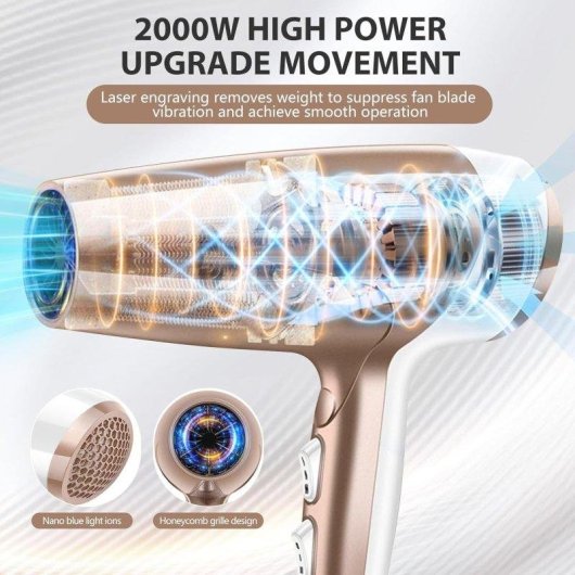 Sèche-cheveux Professionnel Ionique Dam Electronics 2400W 3 Températures 3 Vitesses Accessoires Champagne