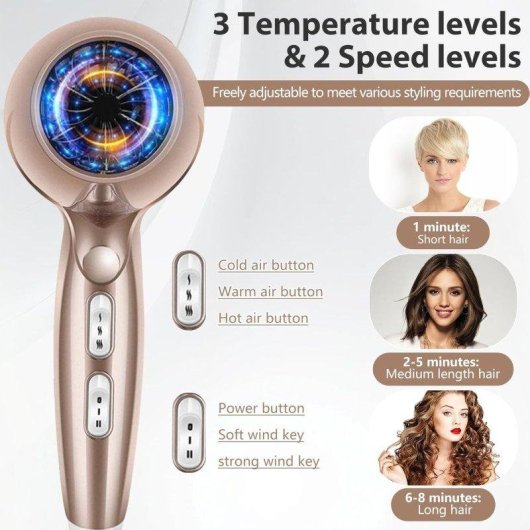 Sèche-cheveux Professionnel Ionique Dam Electronics 2400W 3 Températures 3 Vitesses Accessoires Champagne