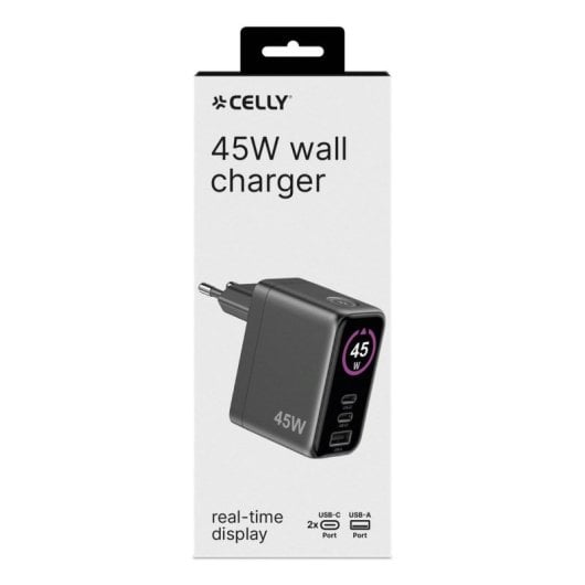 Ladegerät Celly TCSCREEN2C1A45W 45W 2 USB-C Ports GaN Schwarz