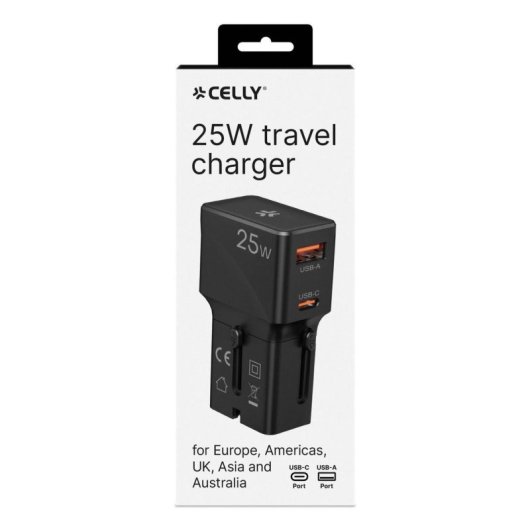 Ladegerät Celly MULTIPLUGSL25W USB-C und USB-A 25W Schwarz