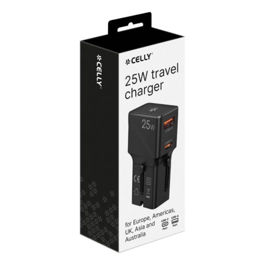 Ladegerät Celly MULTIPLUGSL25W USB-C und USB-A 25W Schwarz