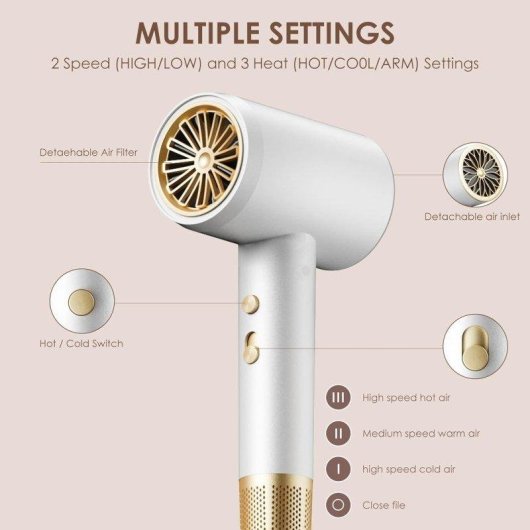 Sèche-cheveux Ionique Dam Electronics 2400W 3 Températures 3 Vitesses Accessoires Blanc
