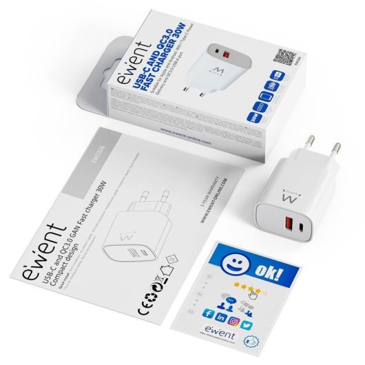 Chargeur Ewent EW1326 30W USB-C PD et USB-A QC 3.0 GaN Fast