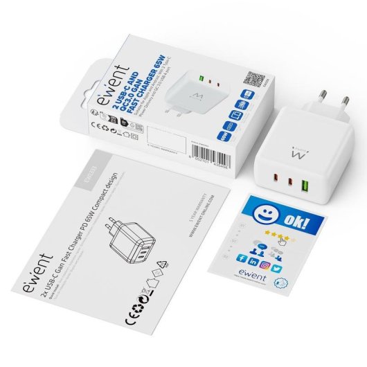 Chargeur Ewent EW1333 65W 3 Ports USB-C et USB-A GaN Fast