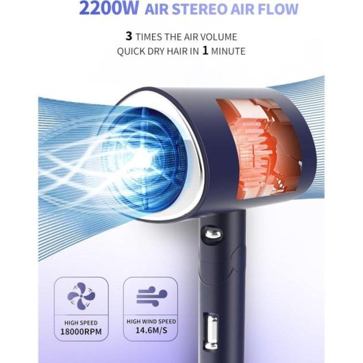 Sèche-cheveux Ionique Pliable Dam Electronics 2200W 2 Températures 2 Vitesses Diffuseur Bleu