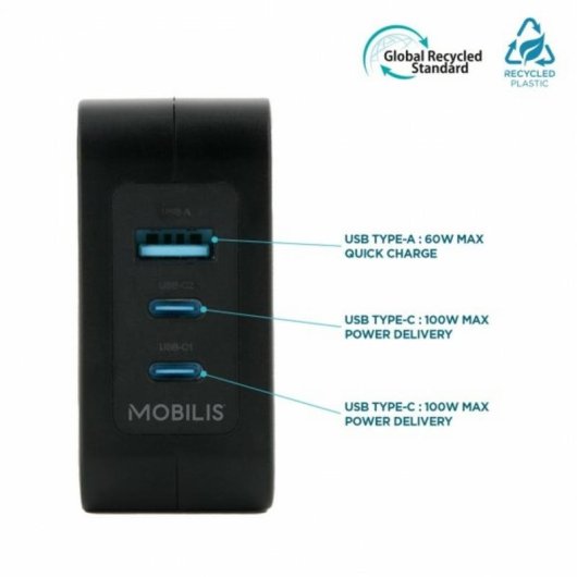 Caricatore 100W Mobilis 2USB-C 1USB-A GaN Nero
