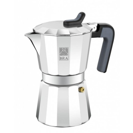 Italienischer Espressokocher BRA Cafetière de Luxe 2 Aluminium Schwarz Stahl 6 Tassen