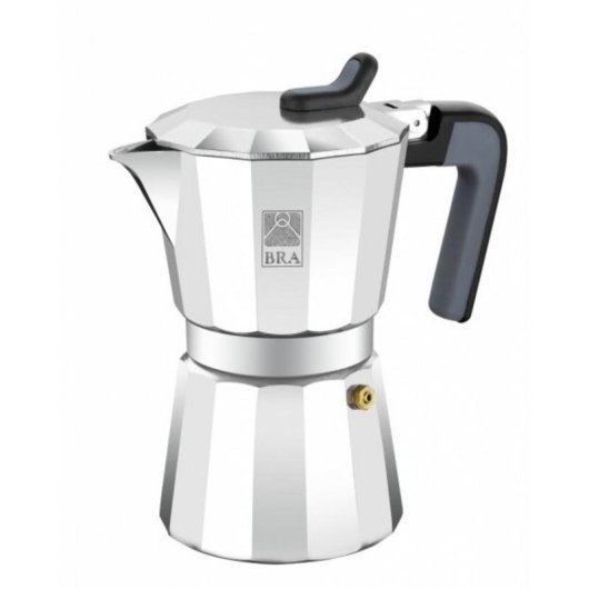 Italienischer Espressokocher BRA Cafetière de Luxe 2 Aluminium Schwarz Stahl 6 Tassen