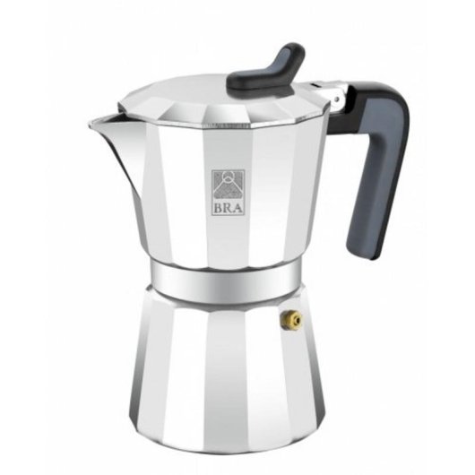 Italienischer Espressokocher BRA Cafetière de Luxe 2 Aluminium Schwarz Stahl 6 Tassen