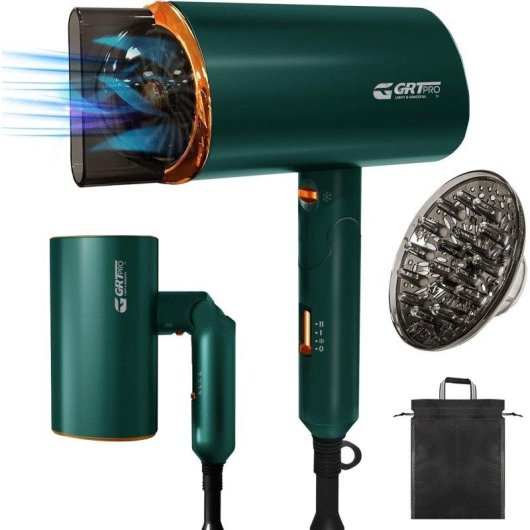 Sèche-cheveux Ionique Pliable de Voyage Dam Electronics 2200W 2 Températures 2 Vitesses Diffuseur Vert