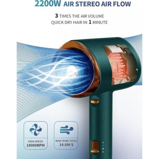Sèche-cheveux Ionique Pliable de Voyage Dam Electronics 2200W 2 Températures 2 Vitesses Diffuseur Vert