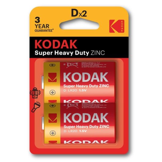 Pilas D Kodak Extra Heavy Duty Zinc Cloruro de Zinc 1.5V 6000 mAh Pack 2 Unidades