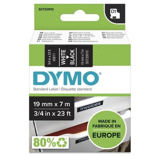 Fita para Etiquetas Dymo D1 19 mm x 7 m Branco sobre Preto para LabelManager