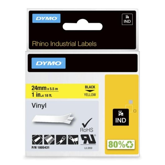 Cinta para Etiquetas DYMO Rhino Vinilo 24 mm x 5,5 m Negro sobre Amarillo