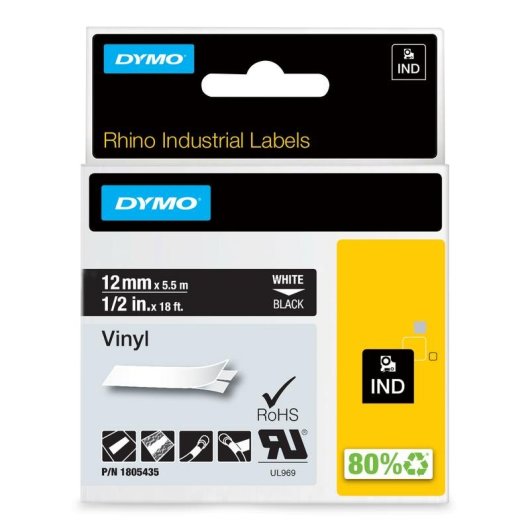 Cinta para Etiquetadora DYMO Rhino Etiquetas Industriales Vinilo 12 mm x 5,5 m