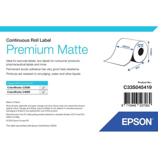 Rouleau d'étiquettes Epson Premium Mate 102 mm x 35 m