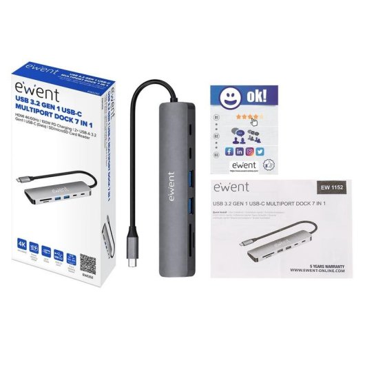 Dock USB-C 7 em 1 Ewent EW1152 HDMI 4K 60Hz 100W PD