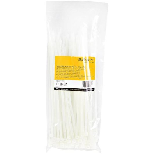 Bridas de cable StarTech 25 cm blancas paquete de 100 Nylon 66