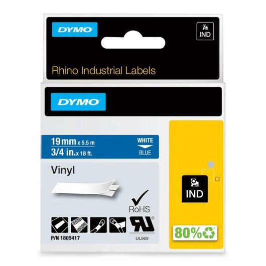 Cinta para Etiquetadora DYMO Rhino 19 mm x 5,5 m Vinilo Blanco sobre Azul