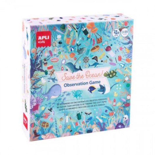 Juego de Observación Save the Ocean APLI Kids Tablero 40x40 cm 40 Cartas 24 Stickers