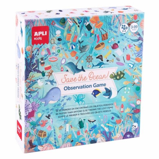 Juego de Observación Save the Ocean APLI Kids Tablero 40x40 cm 40 Cartas 24 Stickers