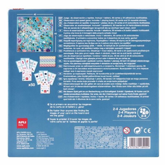 Juego de Observación Save the Ocean APLI Kids Tablero 40x40 cm 40 Cartas 24 Stickers