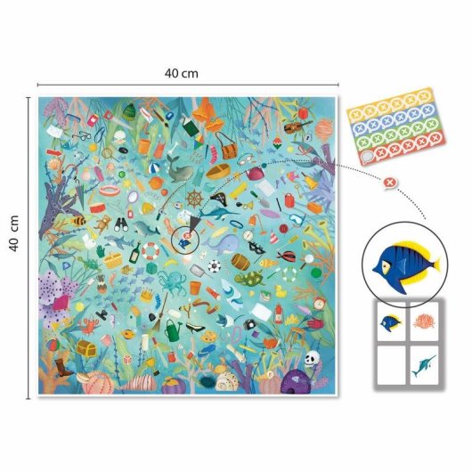 Juego de Observación Save the Ocean APLI Kids Tablero 40x40 cm 40 Cartas 24 Stickers