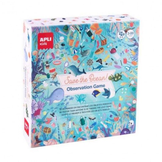 Juego de Observación Save the Ocean APLI Kids Tablero 40x40 cm 40 Cartas 24 Stickers