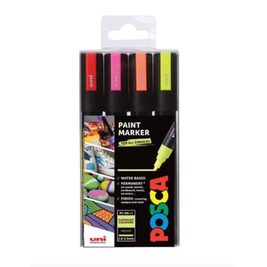 Marcatore Posca PC-5M Medio Punta Tonda Set 4 Colori Fluorescenti