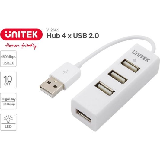 Hub Unitek 4 puertos USB 2.0 480 Mbit/s modelo Y-2146 blanco compacto
