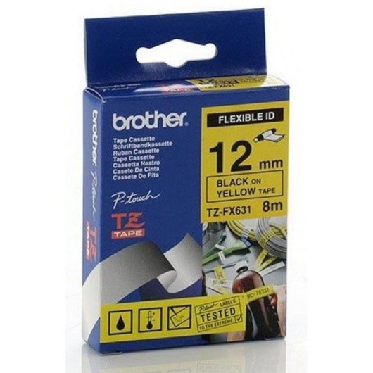 Fitas para impressora de etiquetas Brother TZ-FX631 Preto sobre amarelo 1,2 cm x 8 m