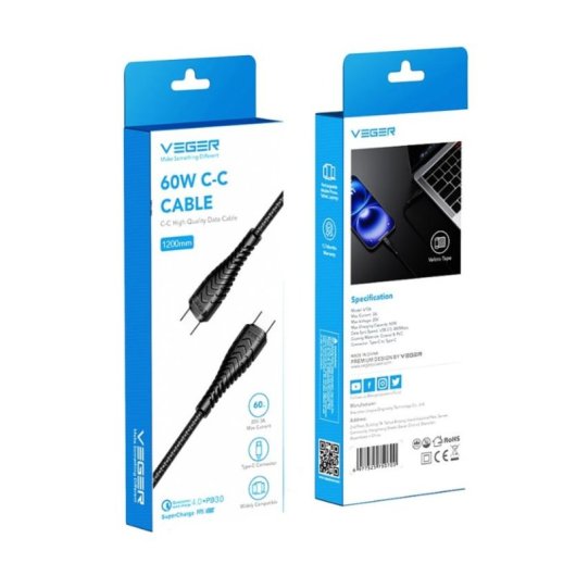 Cable USB-C a USB-C VEGER VG-V106 1,2 m USB 2.0 Negro