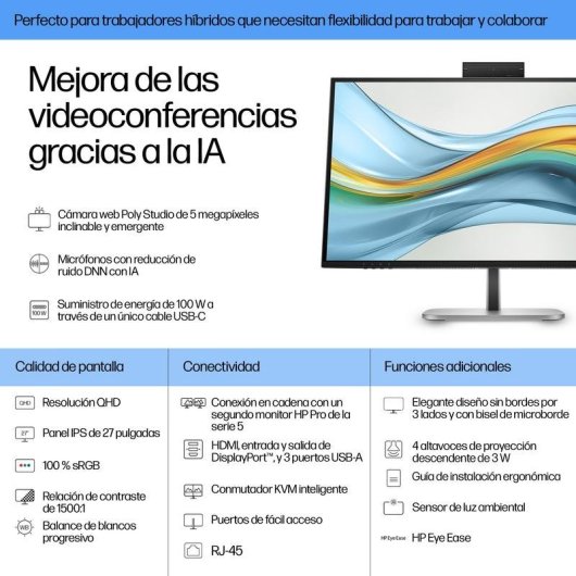 Écran PC HP Série 5 Pro 27" QHD 100Hz IPS USB-C Haut-parleurs Réglage hauteur