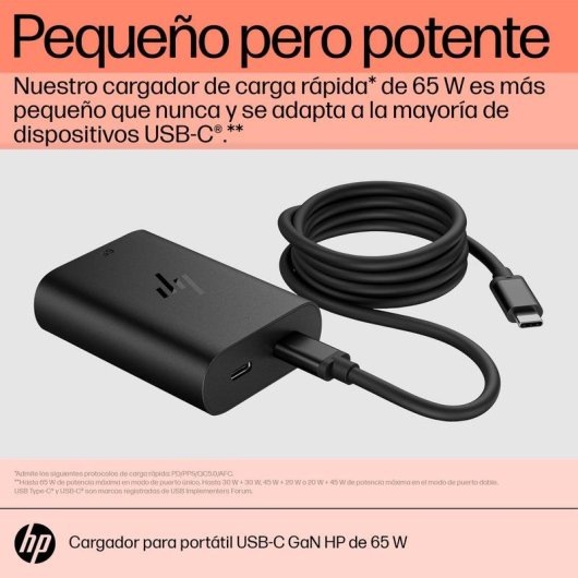 Cargador compacto para portátil HP USB-C GaN 65 W, carga rápida, dos puertos, color negro