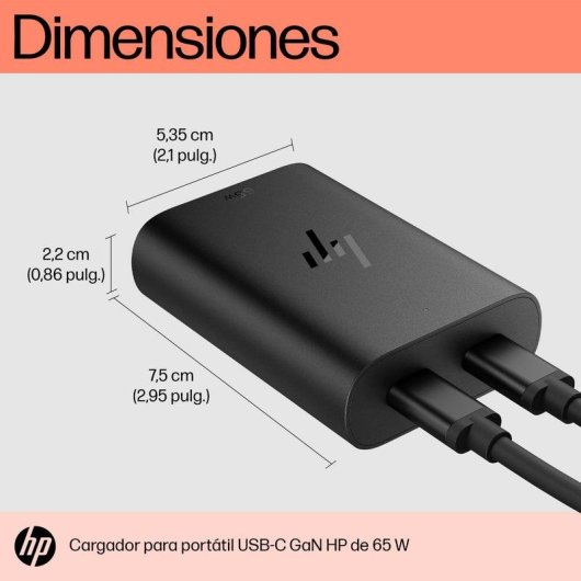 Cargador compacto para portátil HP USB-C GaN 65 W, carga rápida, dos puertos, color negro