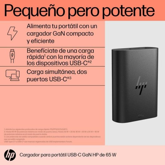 Cargador compacto para portátil HP USB-C GaN 65 W, carga rápida, dos puertos, color negro