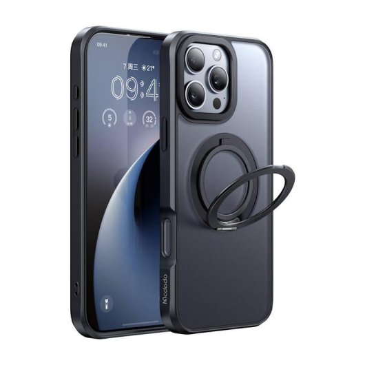 Funda McDodo PC-4932 rigide avec support et MagSafe noire pour iPhone 16 Pro