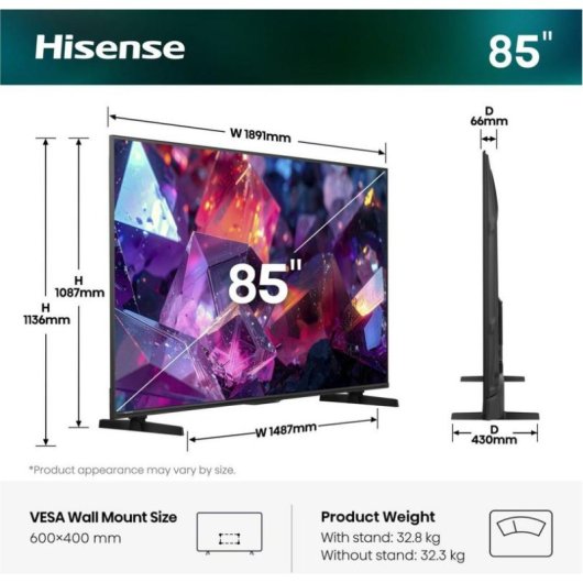 TV Hisense QLED 85E79S PRO 85" 4K UltraHD 144Hz Smart TV VIDAA HDR10+ Dolby Vision Gaming