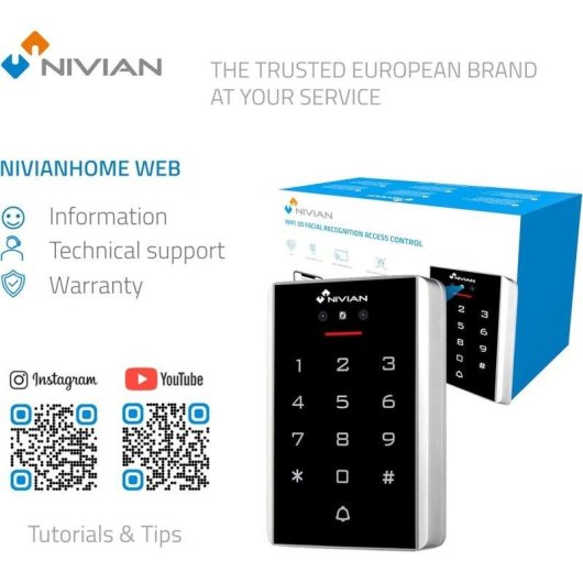 Controle de Acesso Nivian NVS-ACCESS-PIN-RFID-FACE-W Facial Cartão RFID 2.000 Utilizadores Wifi